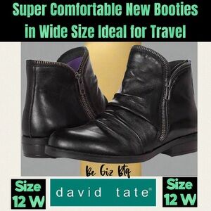 NWT David Tate Ming Leather Double Zipper Ankle Boots Black Napa Leather Size12W